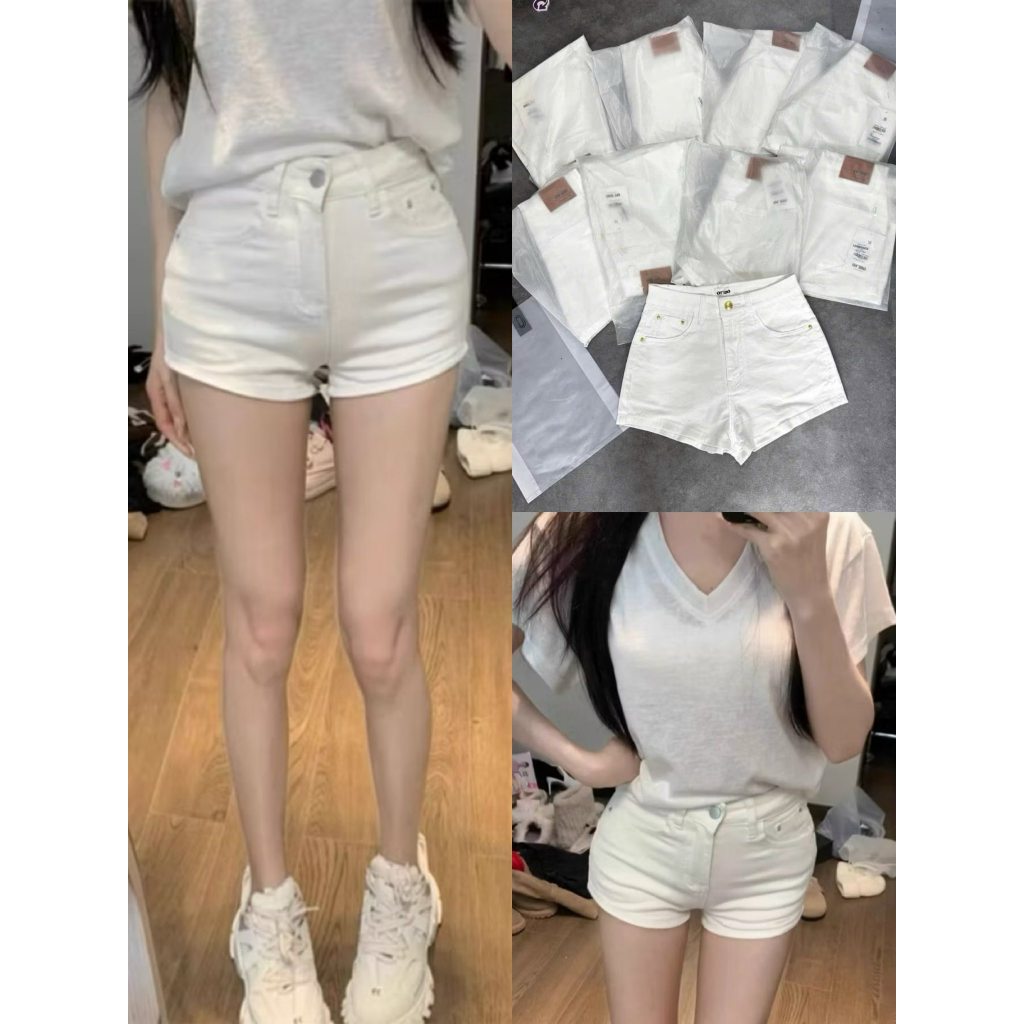 Quần Short Bò Jeans Nữ, Quần Short Denim Màu Trắng Co Giãn Phối Mác Da Lưng Cạp Cao Siêu Hách Dáng Cực Đỉnh