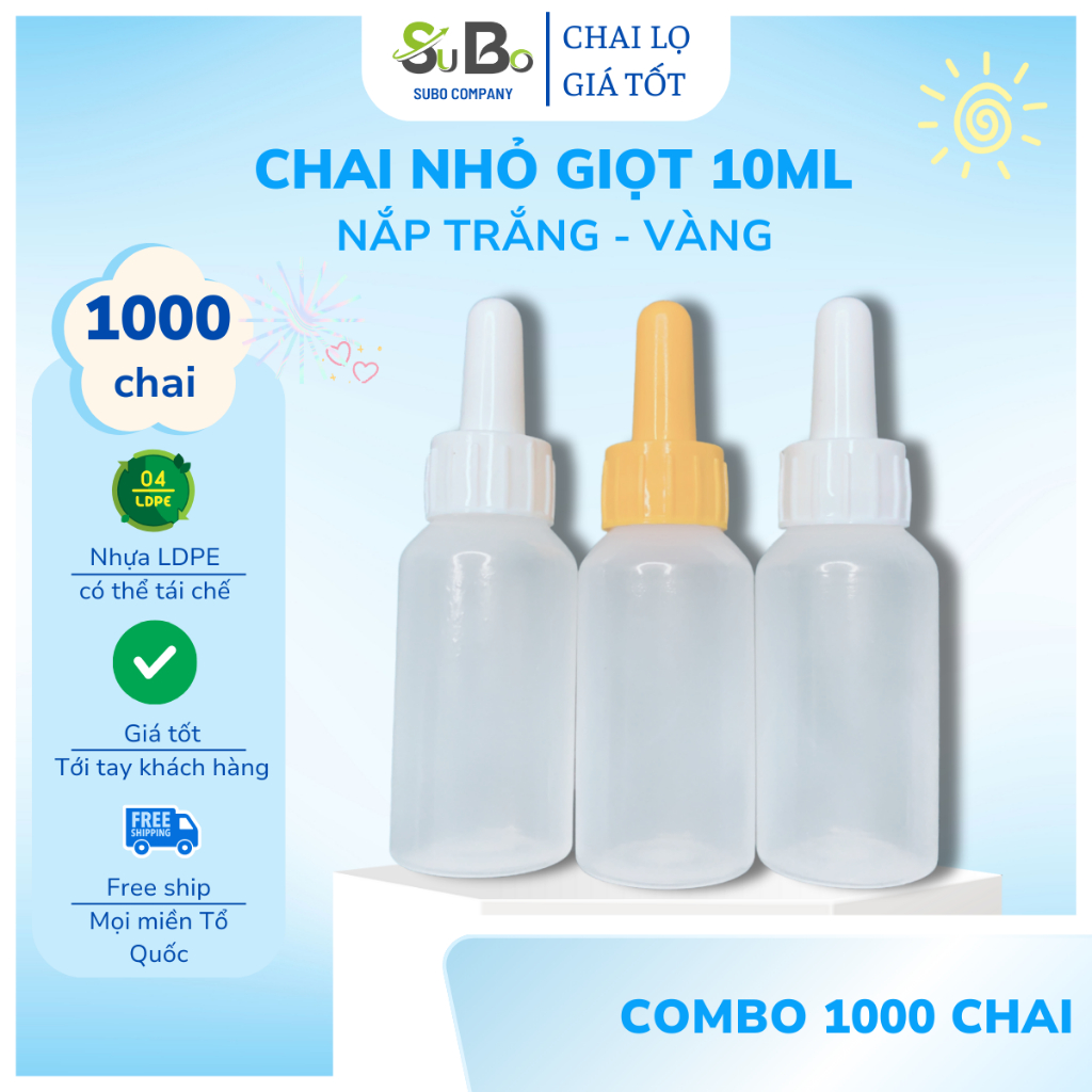 Chai nhỏ giọt 10ml (1000 chai) nắp trắng vàng, lọ nhựa nhỏ giọt nhỏ mắt mũi 10ml triết dung dịch