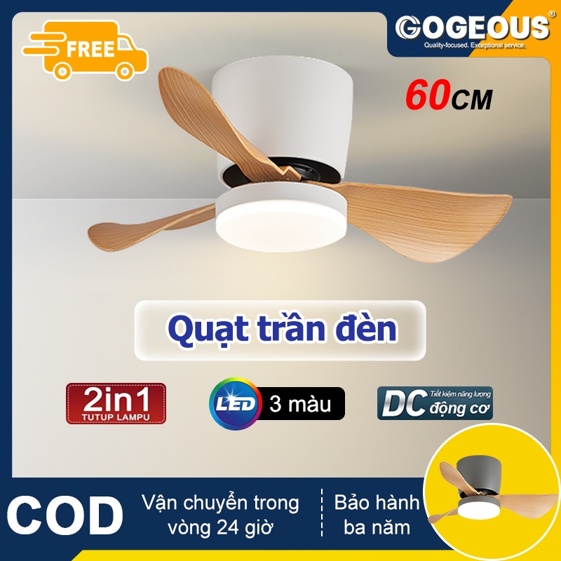 Quạt trần mini phòng khách/phòng ngủ quạt trần đèn cổ ngắn có điều khiểnđộng cơ DC 6 tốc độ gió