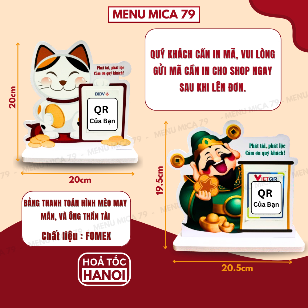 Bảng in mã QR Mèo may mắn, Thần Tài. Bảng quét mã QR thanh toán, Hỗ trợ in QR miễn phí