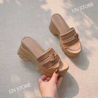 Dép đế xuồng nữ quai vải phối da bản ngang đính móc khóa cho quý cô thanh lịch USD061 Un Store