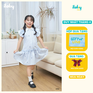 Váy cho bé gái ILABY chất thô kẻ in họa tiết nơ tay cánh tiên nhún bèo cổ sen [2894]