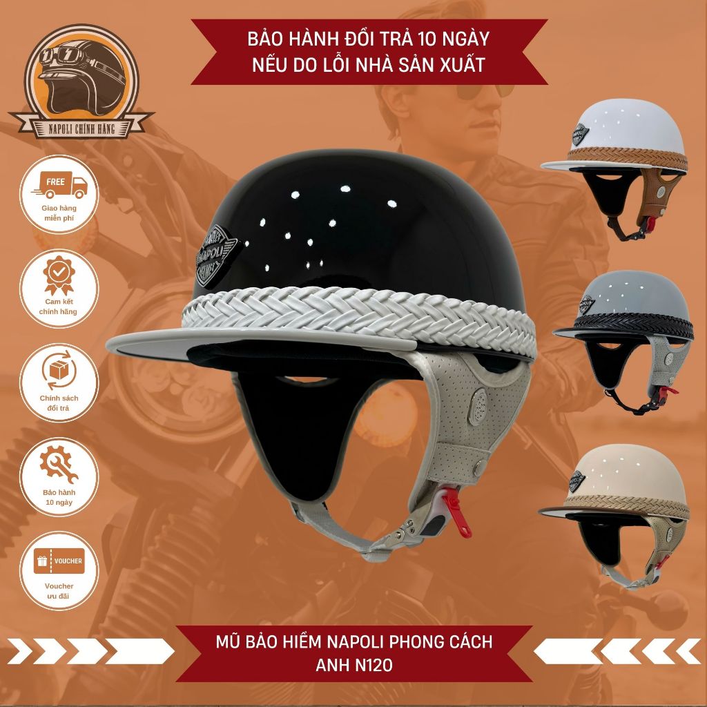 Mũ Bảo Hiểm Napoli Phong Cách Anh UK Nửa Đầu FREESHIP - CHÍNH HÃNG Nón Bảo Hiểm 1/2 Napoli England
