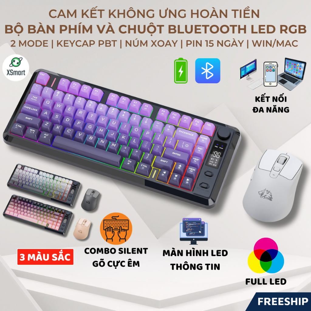 Bộ Bàn Phím Và Chuột Không Dây Bluetooth M75 LED Có Màn Hình, Pin Sạc, Keycap PBT Cho Pc Laptop ĐT
