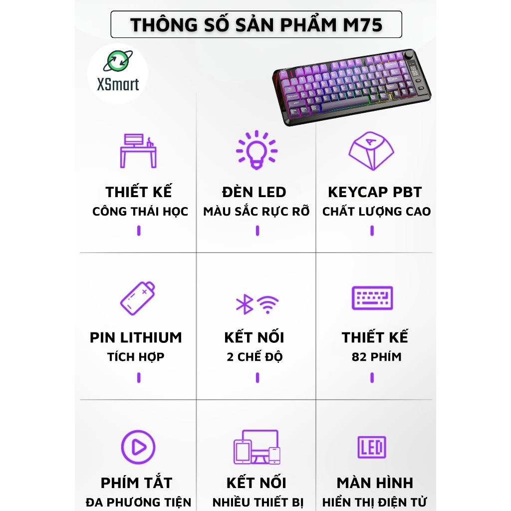 Bộ Bàn Phím Và Chuột Không Dây Bluetooth M75 LED Có Màn Hình, Pin Sạc, Keycap PBT Cho Pc Laptop ĐT | BigBuy360 - bigbuy360.vn