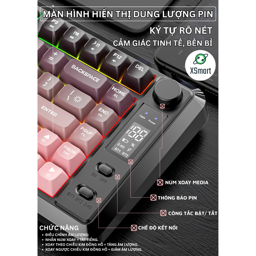 Bộ Bàn Phím Và Chuột Không Dây Bluetooth M75 LED Có Màn Hình, Pin Sạc, Keycap PBT Cho Pc Laptop ĐT | BigBuy360 - bigbuy360.vn