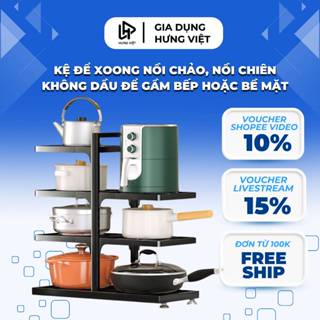Kệ để xoong nồi chảo, kệ để nồi chiên không dầu, kệ để nồi chảo 2 bên gầm bếp có thể điều chỉnh khoảng cách các tầng HV3