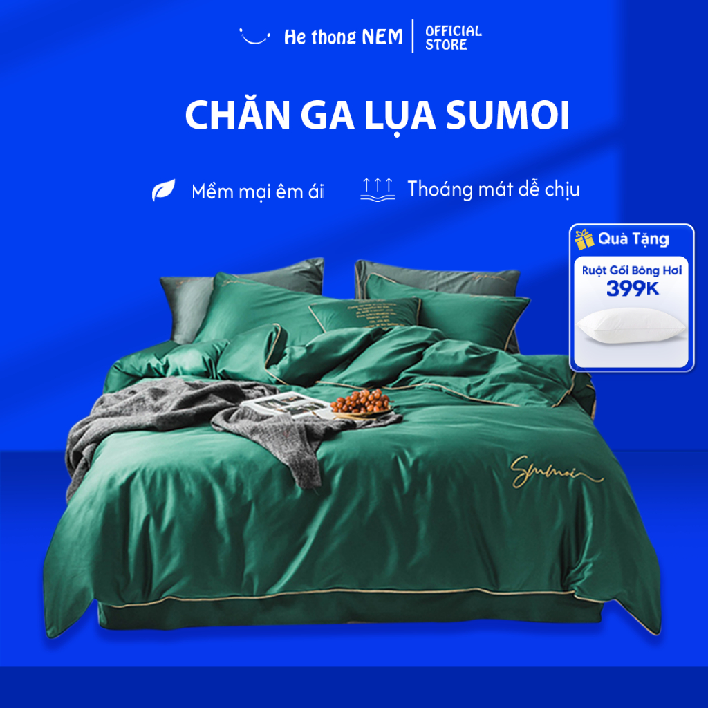 Bộ Ra Trải Giường 5 Món Lụa Sumoi He thong NEM Combo Bộ Ga Nệm Vải Thun Lạnh Ga Phủ Giường Mùa Hè Đơ