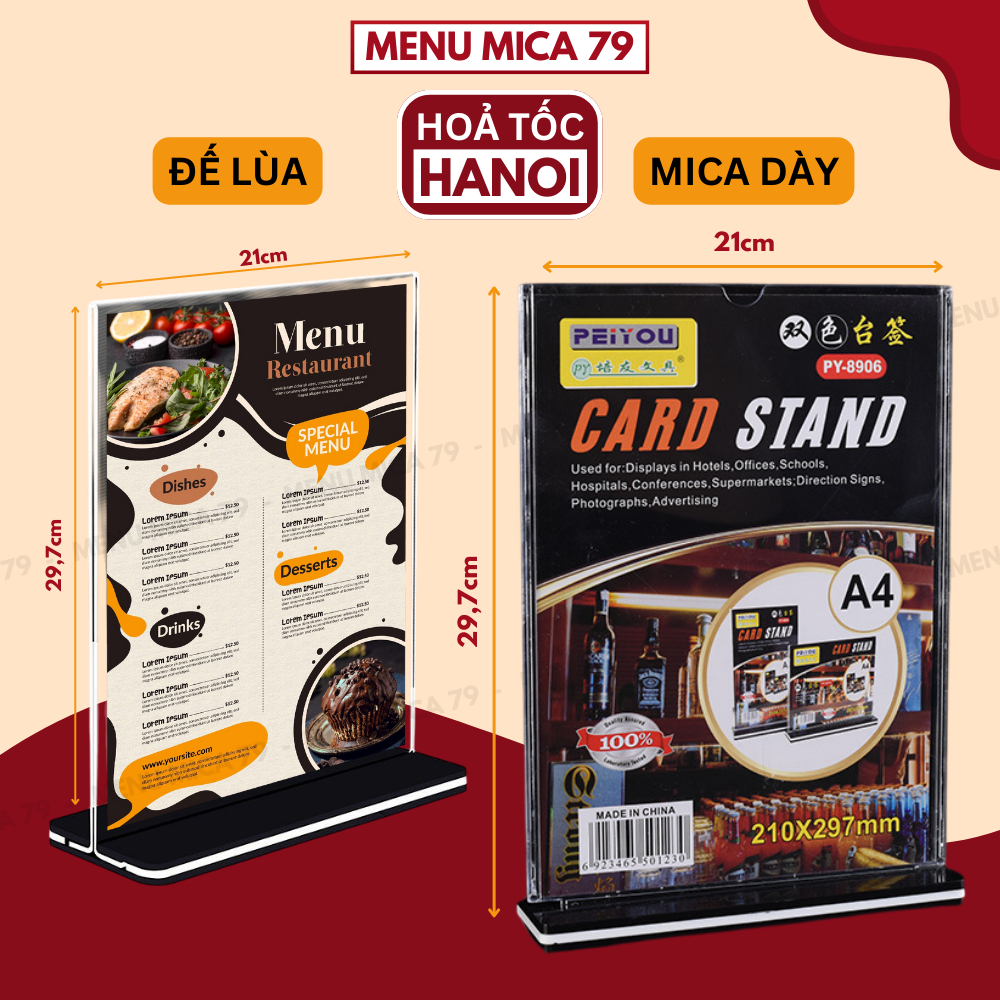 Menu mica đủ màu đủ kích thước, kệ menu để bàn kiểu dọc đế lùa