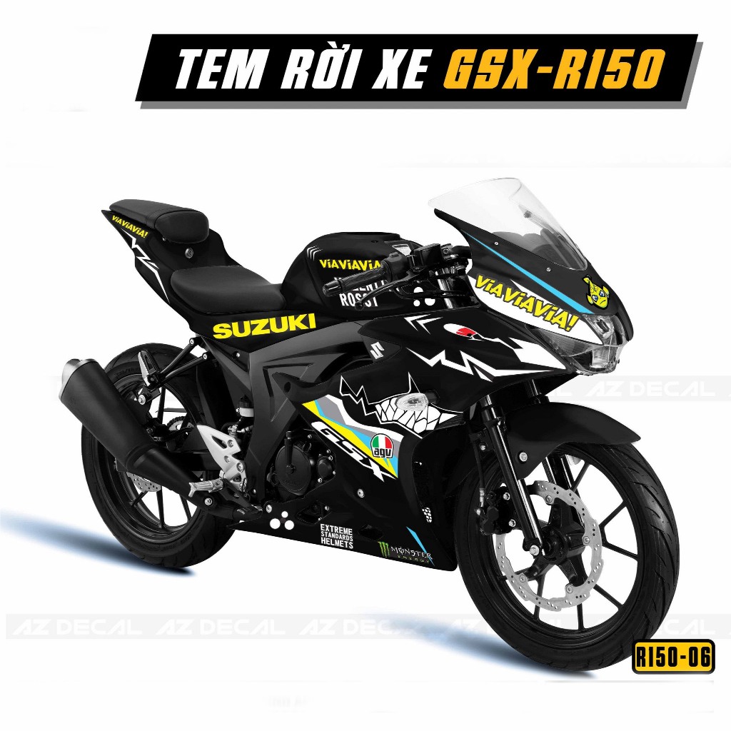 Tem rời GSX R150 mẫu cá mập ViaViaVia - Decal 3 lớp cao cấp, chống nước, không bay màu