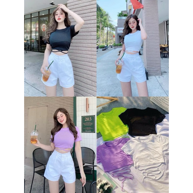 Áo Thun TAY NGẮN CROPTOP cột EO mặc ở nhà, mặc đi chơi hoặc khi vận động thể thao - Mitshop2222