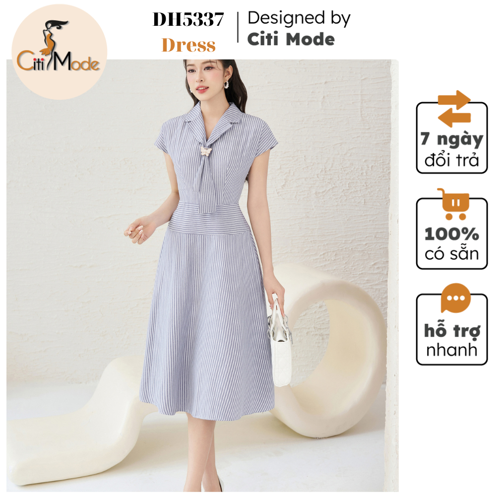 Đầm công sở CITI MODE FASHION thiết kế dáng xòe kẻ xanh cổ vest DH5337