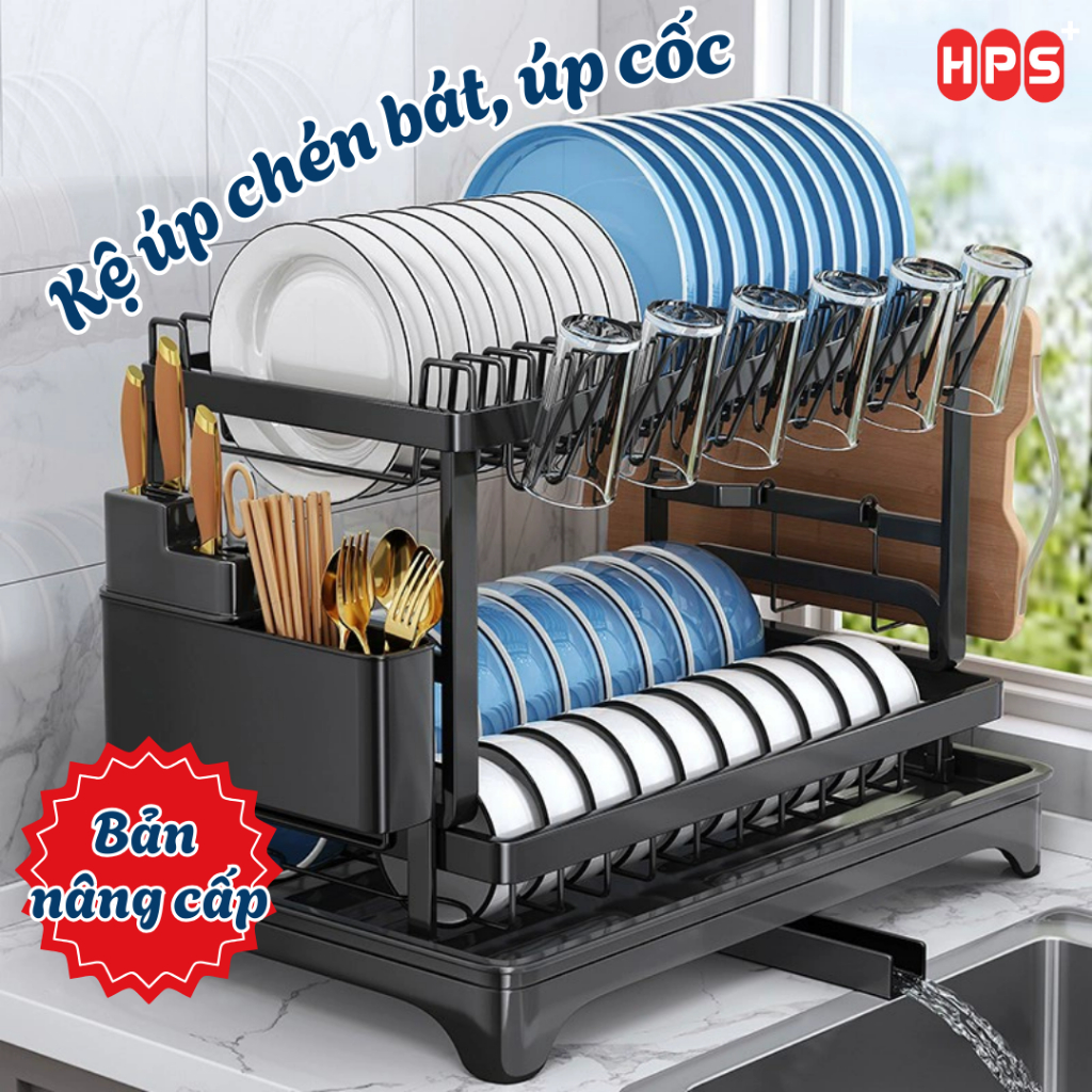 Kệ để chén bát 2 tầng NÂNG CẤP MỚI chất liệu thép carbon Homeplus có khay úp cốc tiện lợi kèm đế tho