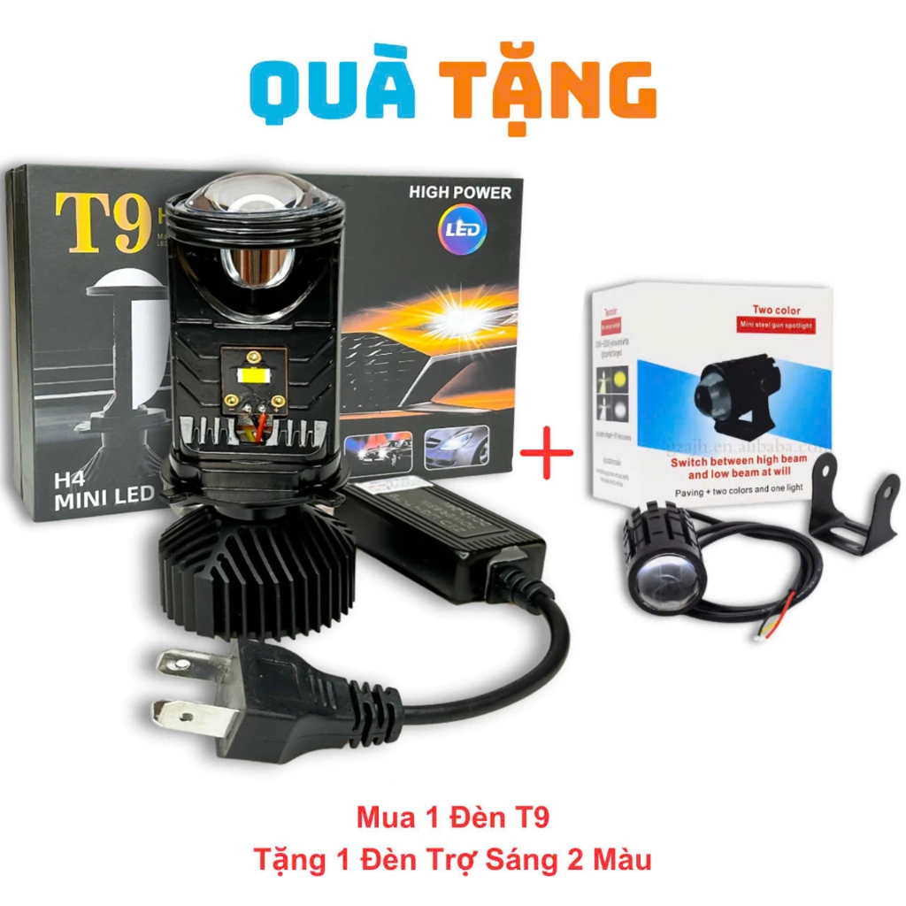 Bóng đèn Pha led T9- 65W Mẫu mới 2025 chân H4 có kèm hậu, đèn mini phù hợp tất cả pha ô tô, xe máy chân H4