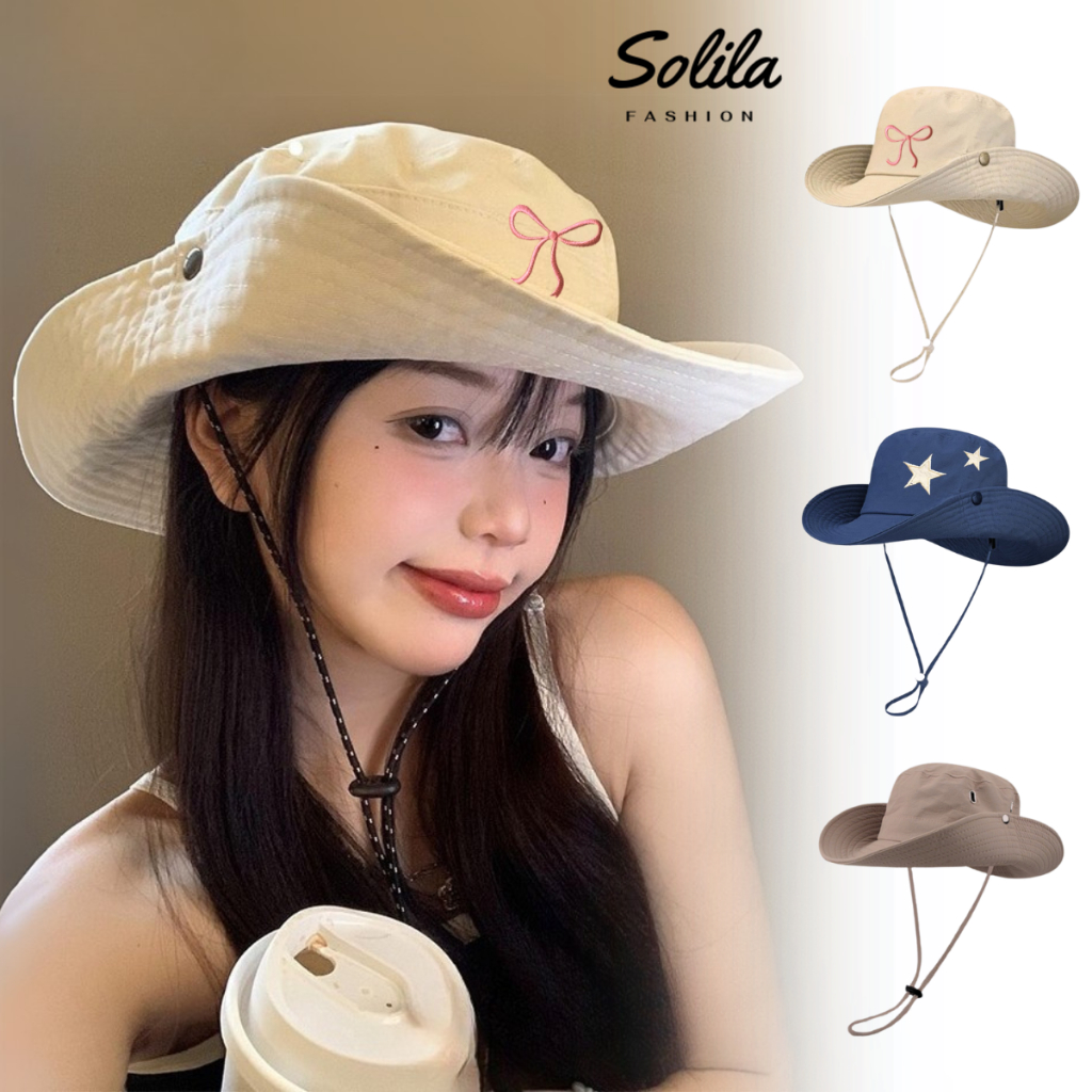 Mũ Bucket, Mũ tai bèo nơ SOLILA có dây rút, Nón cao bồi nam nữ đi biển chất vải mỏng nhẹ thoáng mát, che nắng tốt