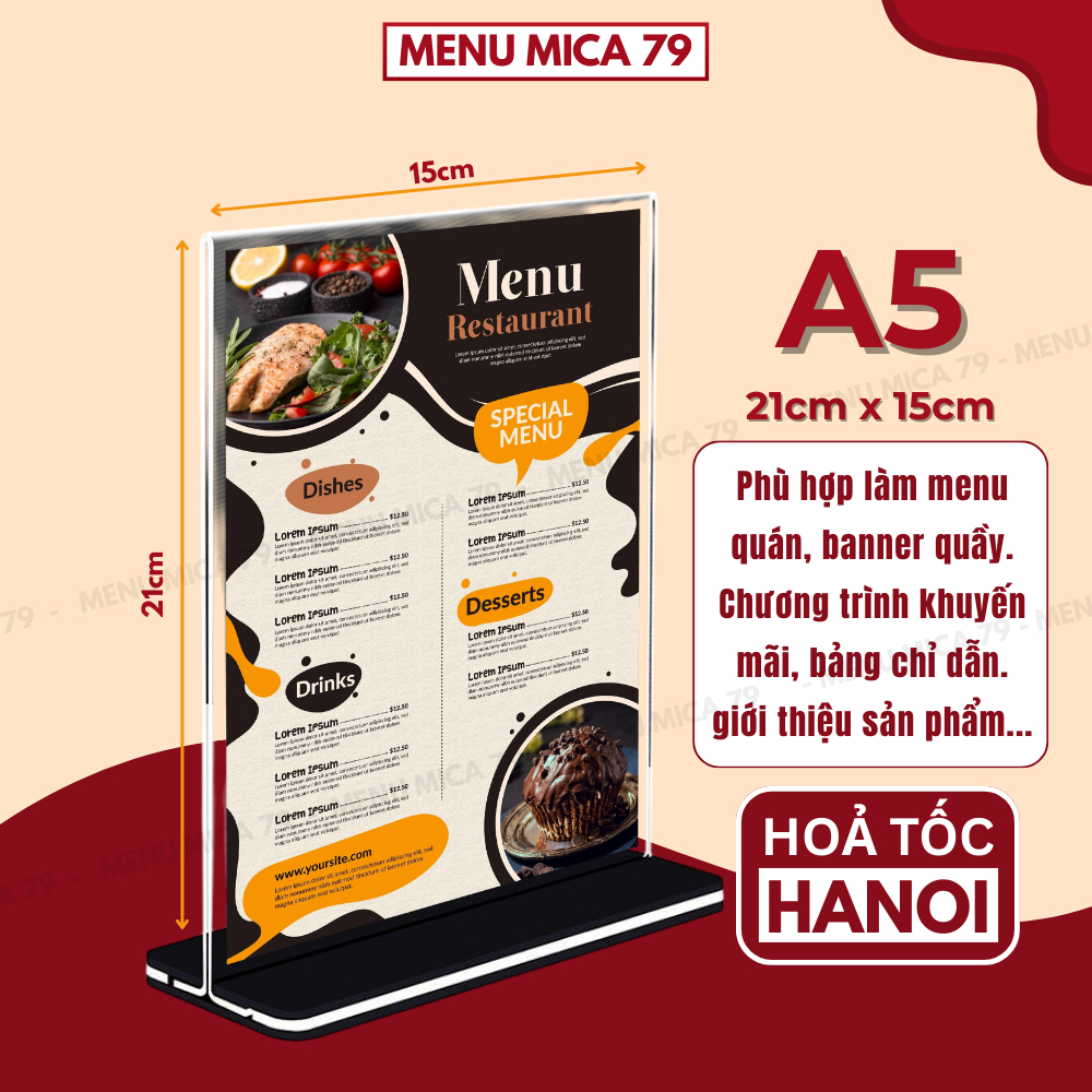 Menu mica A5(15 x 21cm),Card Stand loại đẹp đế lùa