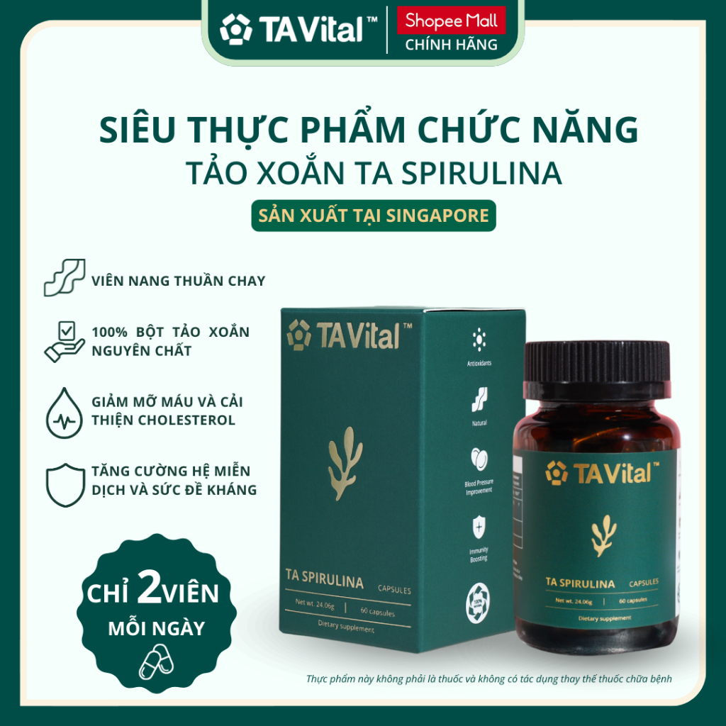  TA VITAL - Viên Uống Tảo Xoắn Spirulina Nguyên Chất Singapore 60 Viên Giảm Mỡ Máu Tăng Đề Kháng 