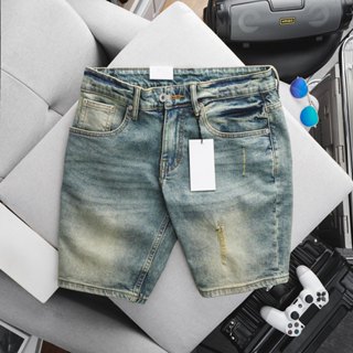 Quần short jean nam slimfit xanh rêu sẫm rách nhẹ ngang gối xuất xịn co giãn