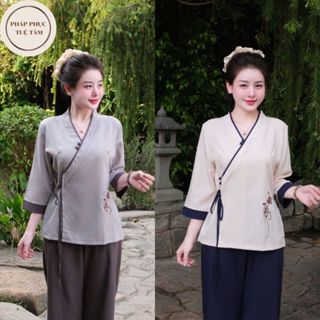 Đồ lam đi chùa cổ chéo chất liệu đũi họa tiết chữ TÂM Pháp phục đi chùa tay lỡ cách tân đi lễ