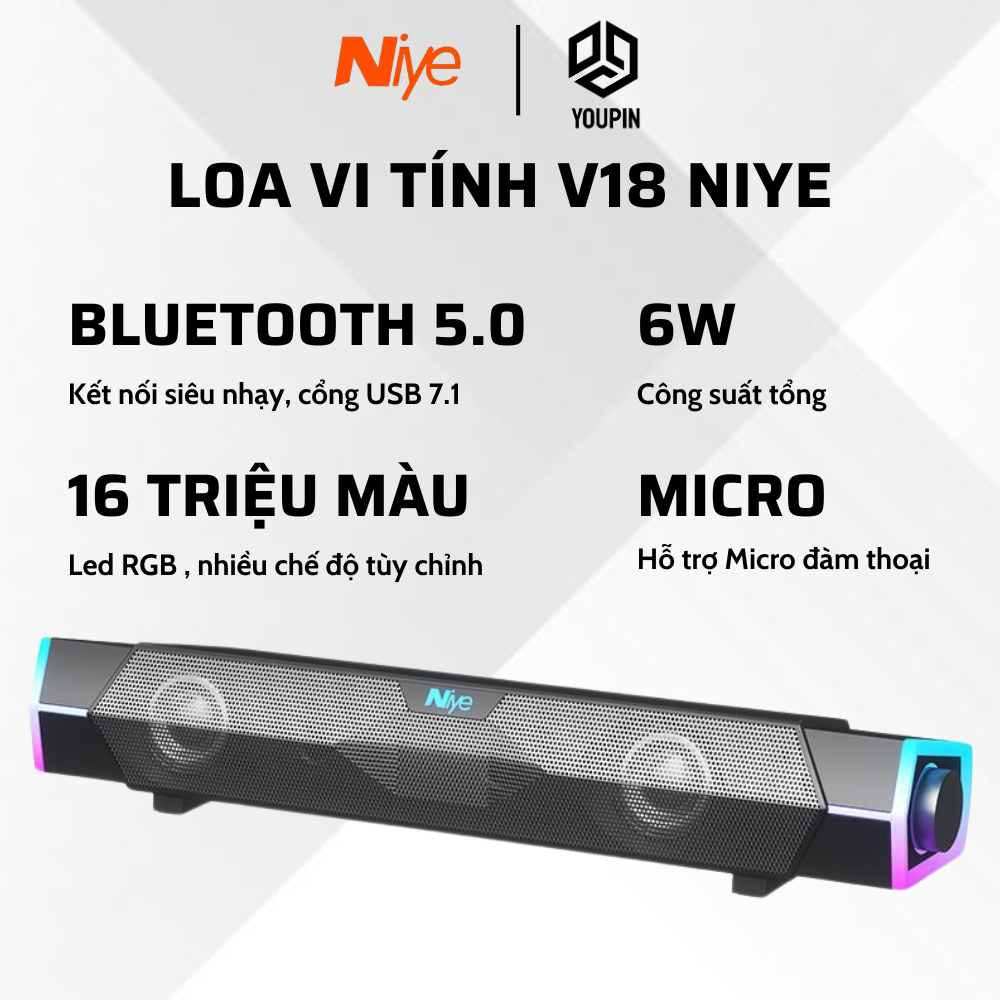 Loa Bluetooth Niye V18 Pro - Loa Máy Tính LED RGB 16 Triệu Màu Tích Hợp Micro, Có Dây