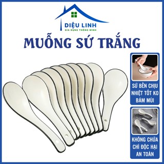  Muỗng Sứ Trắng Viền Đen Bộ 10 Thìa Sứ Dày Dặn Chống Vỡ Dùng Ăn Phở Cháo Súp Dễ Vệ Sinh Dieulinhshop 
