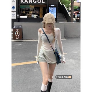 Áo thun len mỏng nữ Dài tay Dệt kim Ôm body Trễ vai Áo len dệt kim Tay dài mỏng nữ body Lệch vai Tôn dáng Cá tính