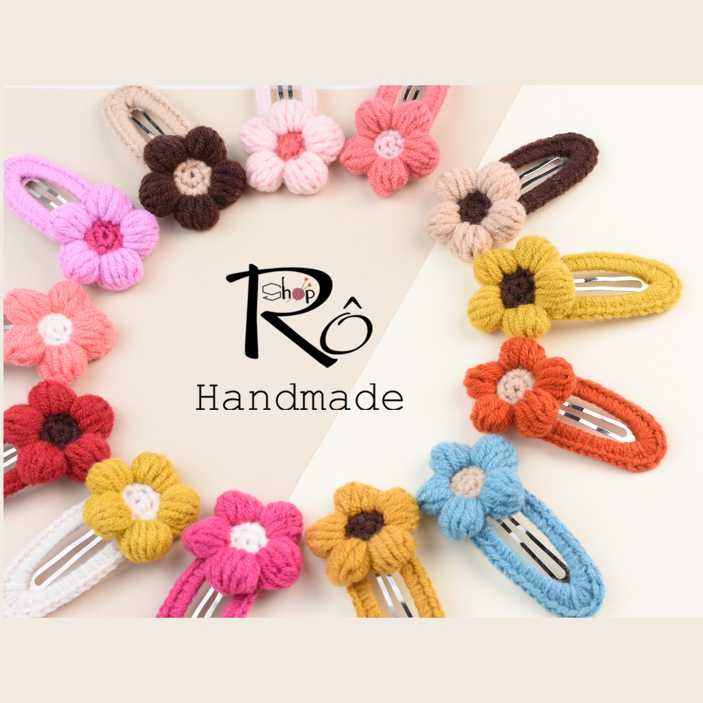 Kẹp tóc hoa len móc năm cánh cho nữ và bé gái 6.5cm |Cặp tóc phong cách dịu dàng |Shop Rô Handmade