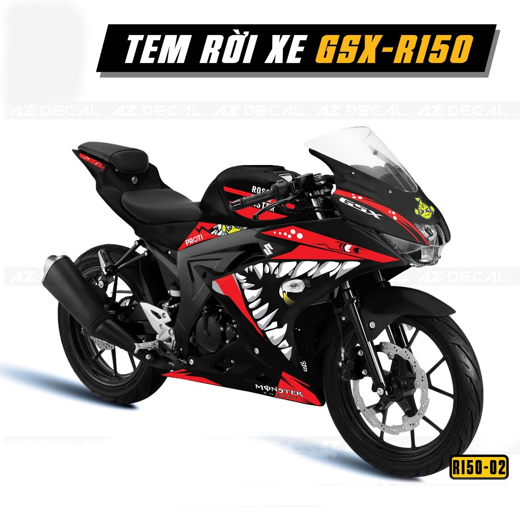 Tem rời GSX R150 thiết kế răng cá mập - Decal 3 lớp chất lượng cao, bền màu, chống nước