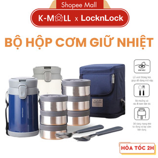 Bộ hộp cơm giữ nhiệt locknlock easy carry 2l lhc8039 , có túi, gồm 3 hộp kèm 1 bộ muỗng nĩa - k-mall