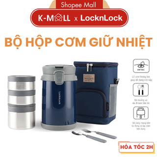  Bộ hộp cơm giữ nhiệt LocknLock LHC8039 2L Màu Xanh có túi đựng 3 hộp đựng và bộ muỗng nĩa - K-MALL 
