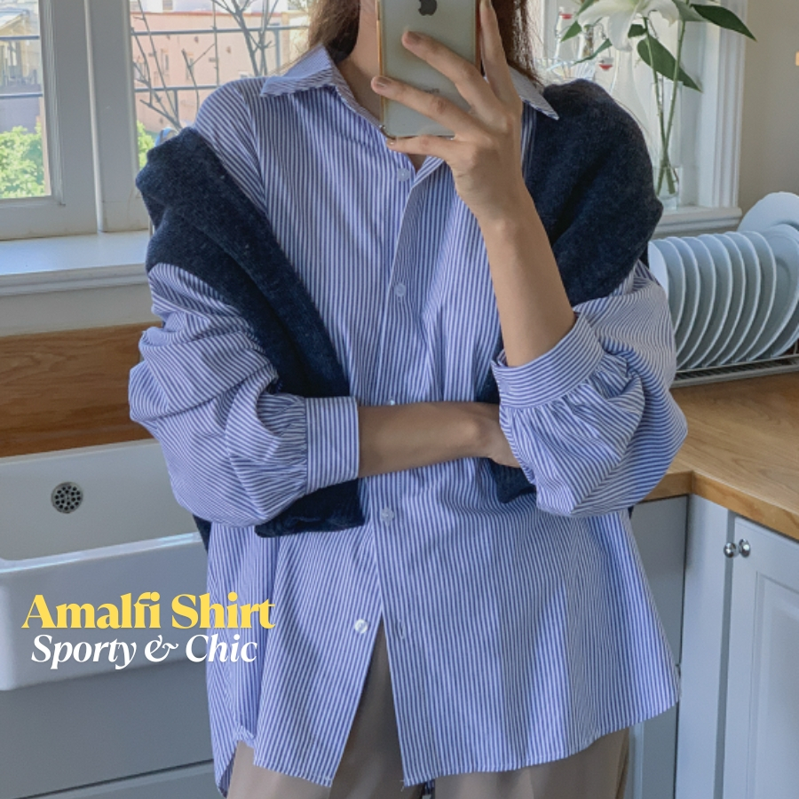 [ U will be loved ] 한국 제작_Amalfi Stripe Shirts_소매 포인트 셔츠 _ao sơ mi_office_class_daily_french_Korean