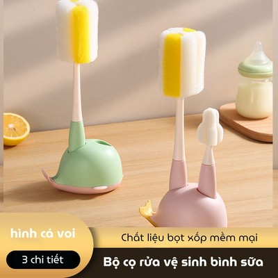 Cọ rửa bình sữa mút xốp 2 chi tiết cho bé KidAndMom, có đế phơi hình cá heo An toàn tiện lợi cho bé