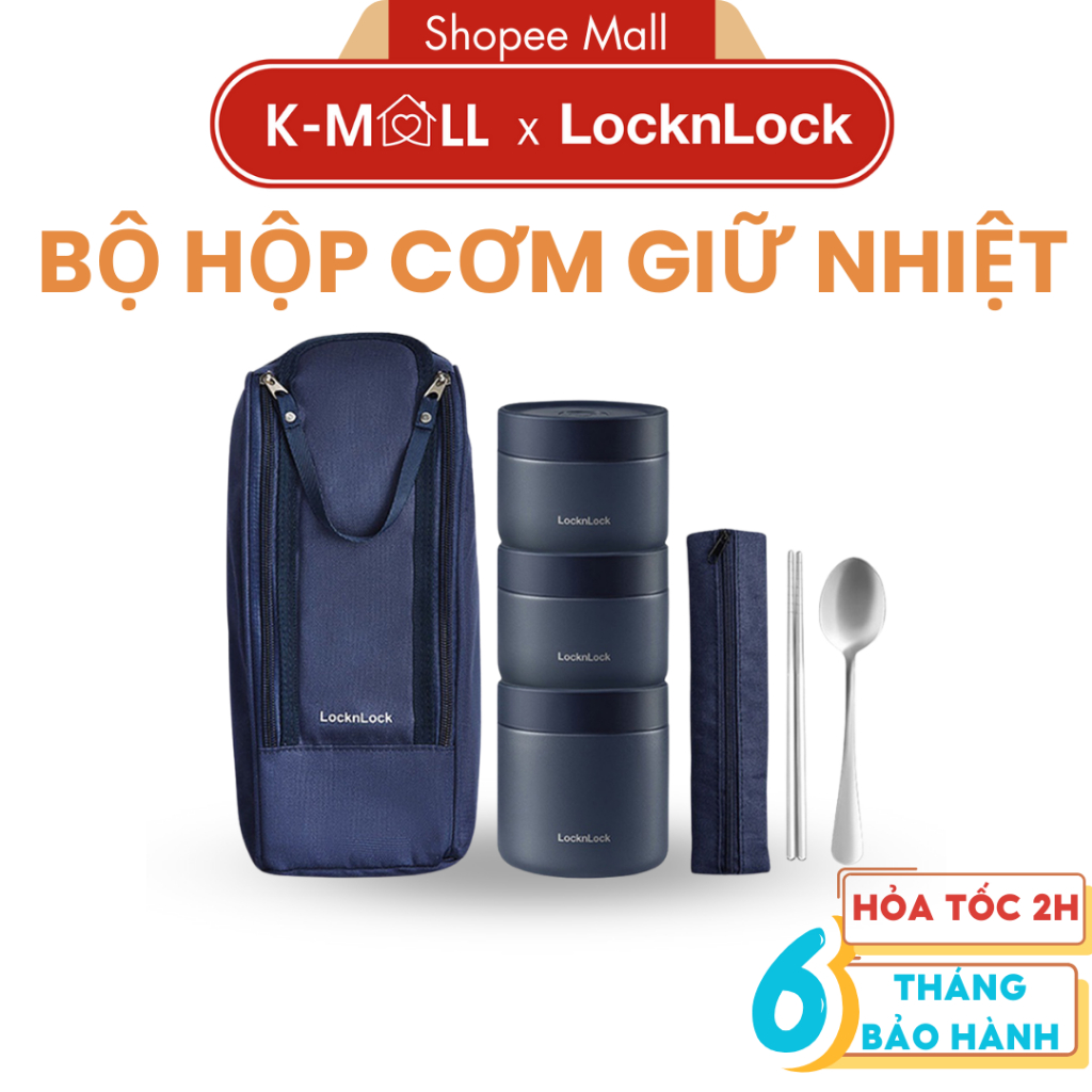 Bộ hộp cơm giữ nhiệt LocknLock Lunch Box LHC8052S01 , 3 hộp giữ nhiệt ,kèm túi và muỗng đũa - K-MALL