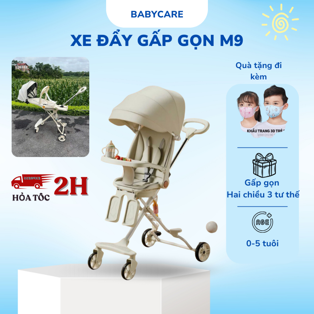 Xe đẩy M9 cho bé sơ sinh, xe đẩy ngã lưng 180 độ và xoay chiều tự động 360 độ