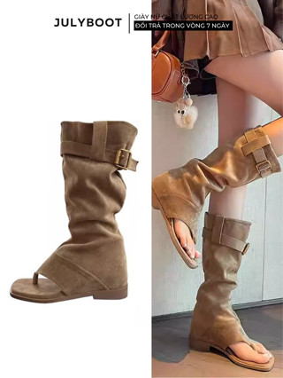 JULYBOOT Giày Bốt Nữ Xỏ Ngón Slouchy Boots Đế Bệt Phong Cách Cowboy Vintage Chất da lộn cá tính toe