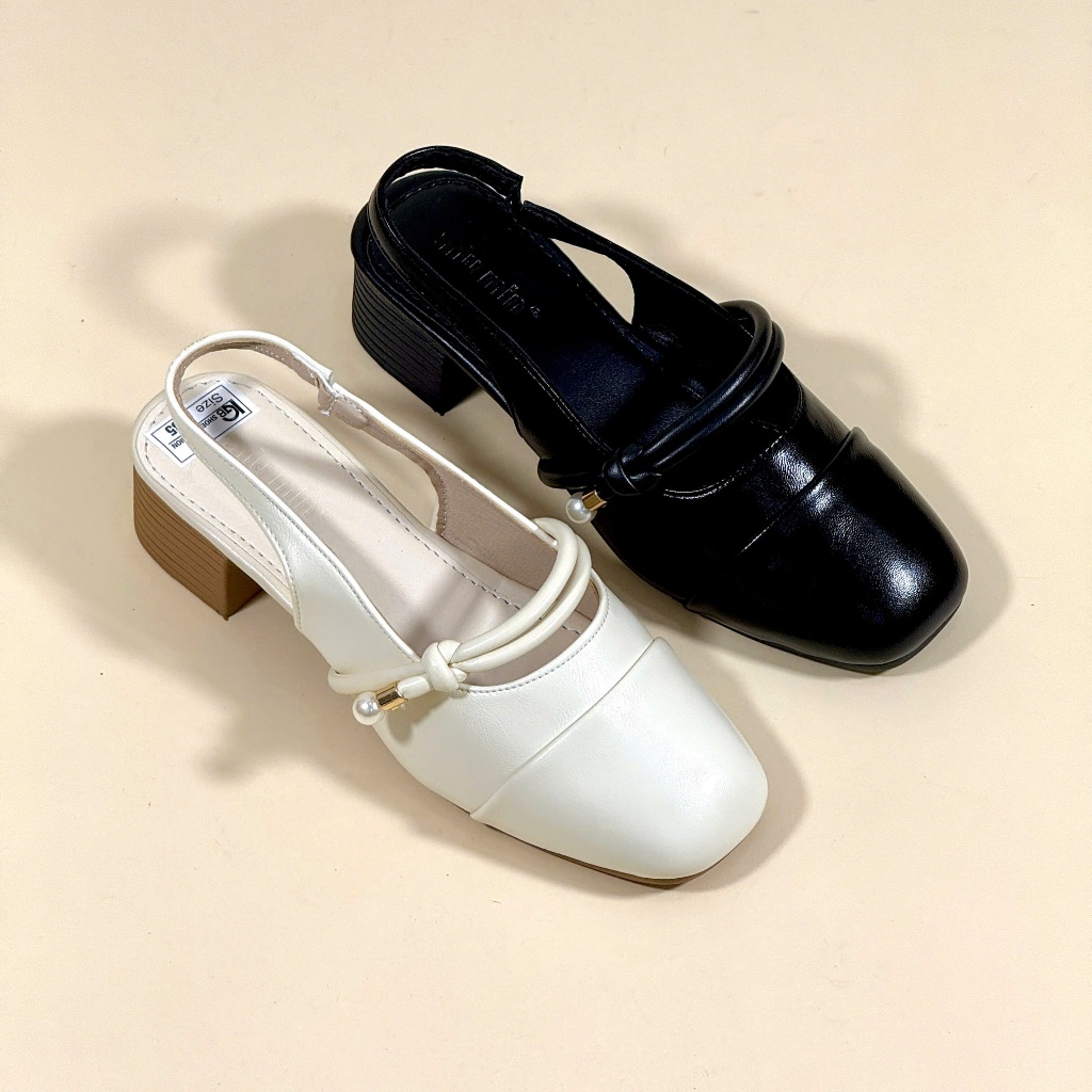 Giày slingback vá mũi tròn quai ngang kép hạt ngọc Jocé hở gót, đế trụ 3-4cm sang chảnh cho nữ