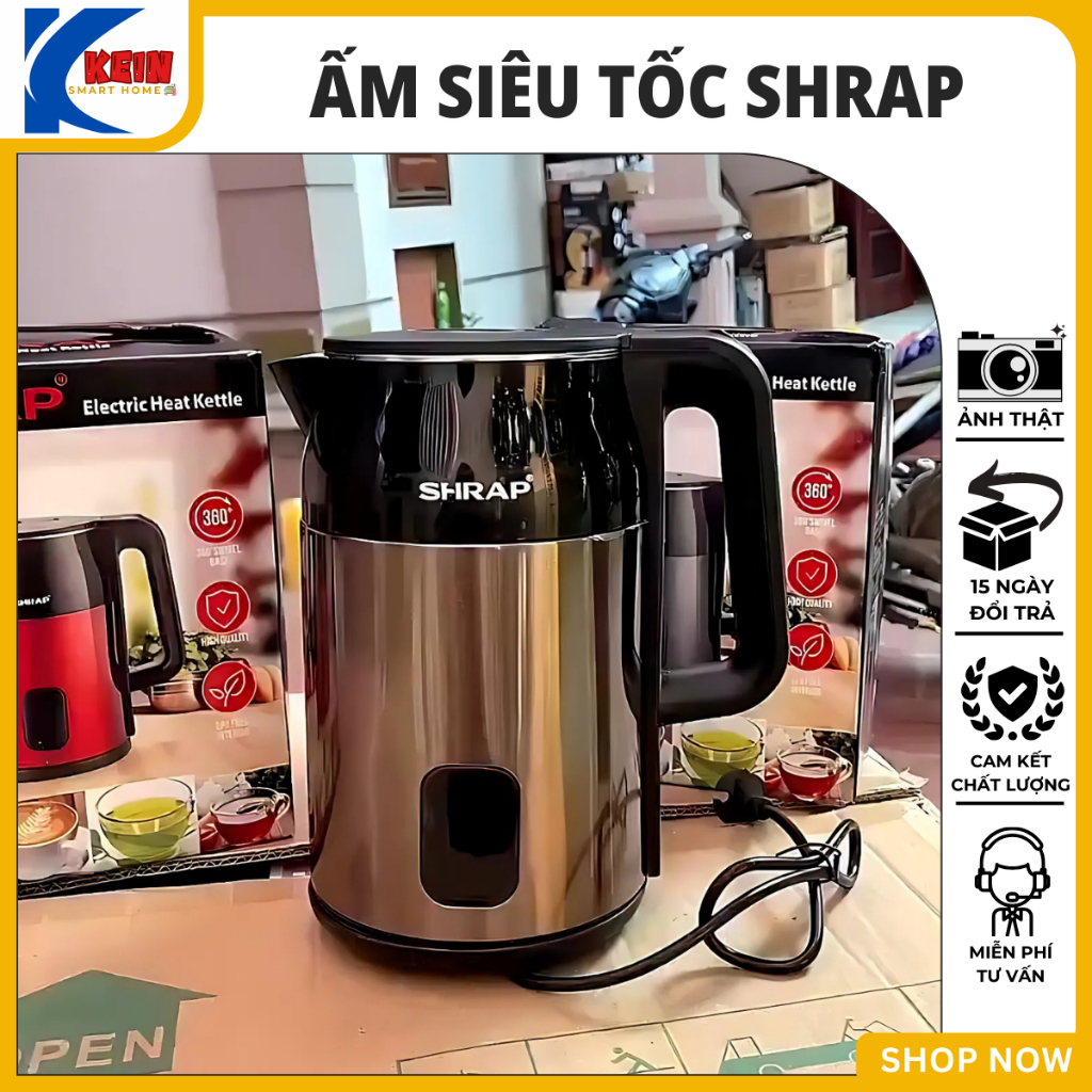 Ấm siêu tốc Shrap dung tích 3L, công suất 1800W, tự ngắt điện, 2 lớp cách nhiệt.Bảo hành 6 tháng