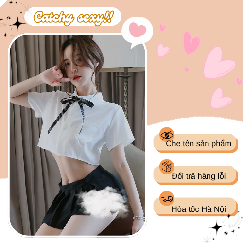 Đồ ngủ cosplay nữ sinh Nhật Bản siêu sexy, Set váy xếp ly và áo sơ mi croptop DN85