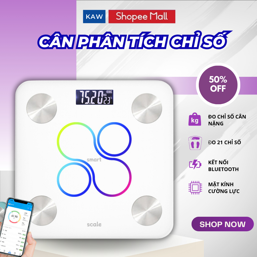 [MẪU MỚI] Cân Điện Tử Đo Sức Khỏe KAW Bluetooth, Cân Đo 21 chỉ số-Hàng chính hãng BH 12 tháng