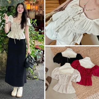 Áo babydoll linen kiểu xinh tay phồng tiểu thư công chúa bo thân nơ coquette ngực xinh xắn Kimee Shees M329