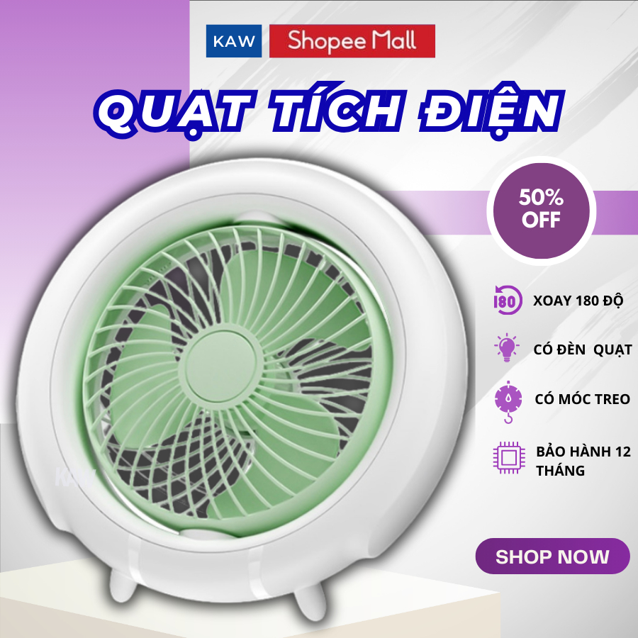 Quạt Sạc Tích Điện KAW Có Đèn Led,Dùng Cắm Trại, Treo Văn Phòng, Quạt Mini Để Bàn Xoay 180 Độ