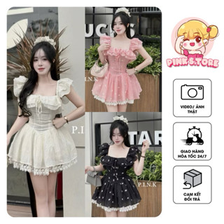 ĐẦM HOA NHÍ PHỐI REN CỔ VUÔNG DÁNG XOÈ TIỂU THƯ