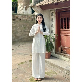  Bộ Đi Lễ Chùa Pháp Phục Nữ Lót Hầu Cổ Tàu Dáng Dài Họa Tiết Cúc Chi Cao Cấp 3 Màu PT021 