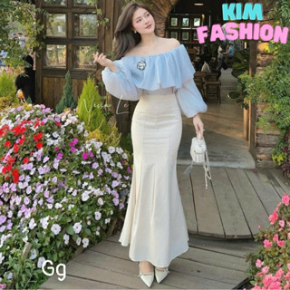 Sét áo chất tơ trễ vai tay bồng phối chân váy dáng dài đuôi cá kèm phụ kiện hoa trà  siêu dễ thương Kim Fashion