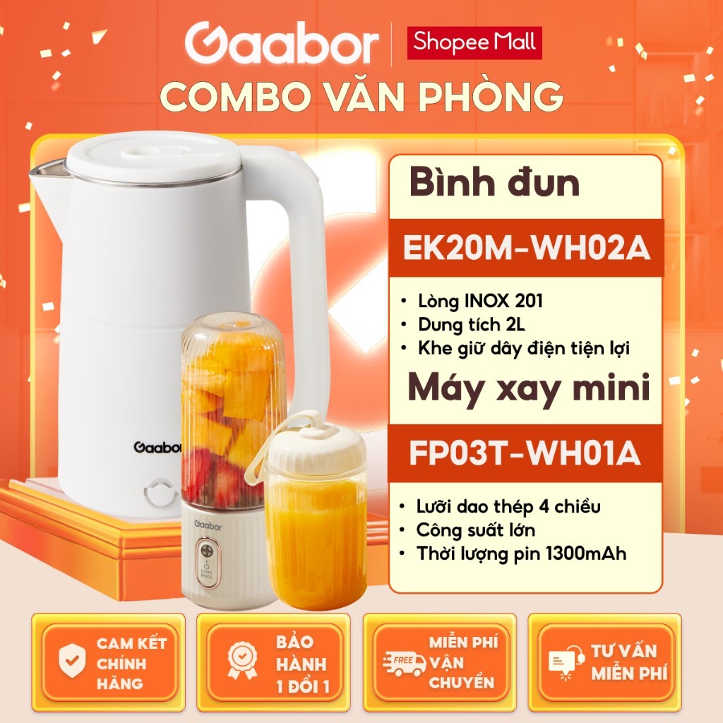 【Combo Sales】 Gaabor 49 Bình đun siêu tốc EK20M-WH02A và Máy xay sinh tố cầm tay FP03T-WH01A