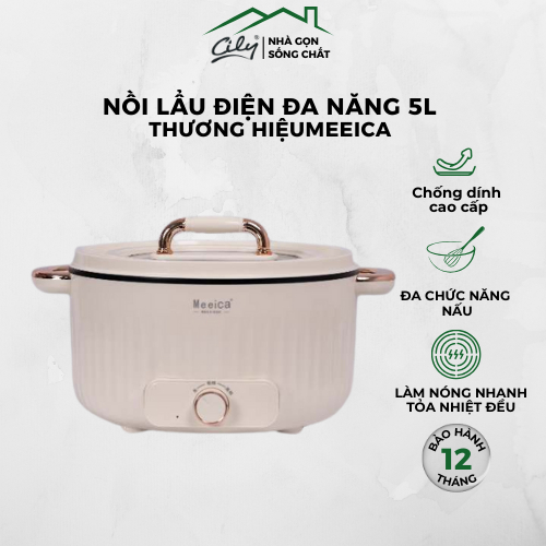 Nồi Lẩu Điện Đa Năng 5L - 1350W - MEEICA Chống Dính Cao Cấp Màu Trắng, Bảo hành 12 Tháng
