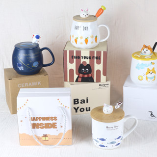 Cốc sứ ly sứ uống nước 400ml nhiều mẫu có nắp và muỗng, cốc sứ quà tặng dễ thương - SQ1