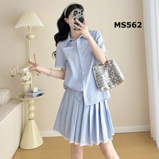 Set áo sơ mi chân váy xếp ly xanh dương cho mẹ bầu, đầm bầu dáng ngắn chất voan kate, có đính đá[ĐẦM BẦU THỎ]MS562