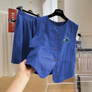  Đồ bộ nữ mùa hè áo gile quần short đùi  chất đũi cao cấp họa tiết thêu ngực trẻ trung sang trọng tinh tế A10 