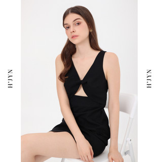 H'JYN | Đầm khoét eo linen premium Vivian màu đen dáng ngắn